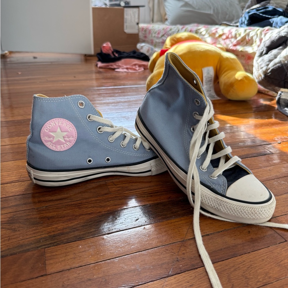 Converse Light Blue High-Tops with Pink Logo